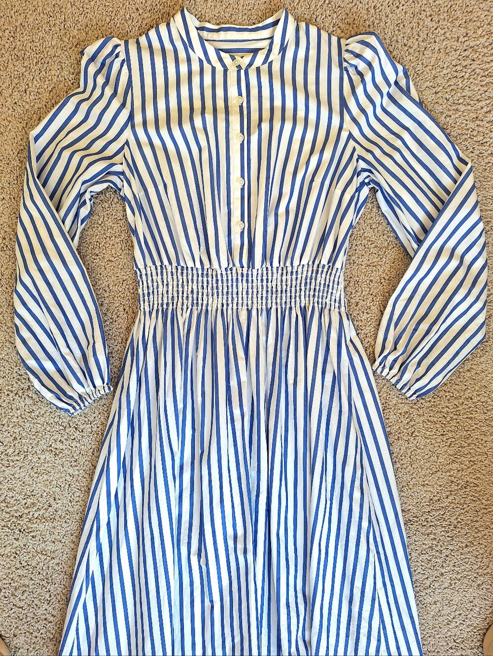Boden Women's Blue White Striped Cotton Smocked Waist Button Front Shirt Dress 4 - Picture 7 of 13